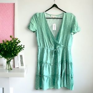 NWT PACSUN LA Hearts green and white polka dot dress size XS new with tags